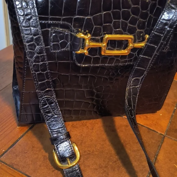 Vintage TALBOTS Black/Gold Crocodile Embossed Crossbody Bag NICE - Picture 11 of 15